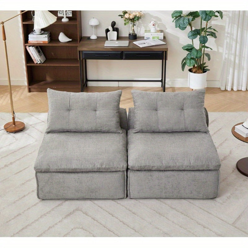 NEW ARRIVED VIDEO PROVIDED Modular Sofa, No Armrests, at Will, Chenille Fabric, Neck Pillow-Back Lounge Sofa Chair, Reading Nook, Or Apartment Living, Lumbar Pillow, 2 Seats, Upholster, Light Gray