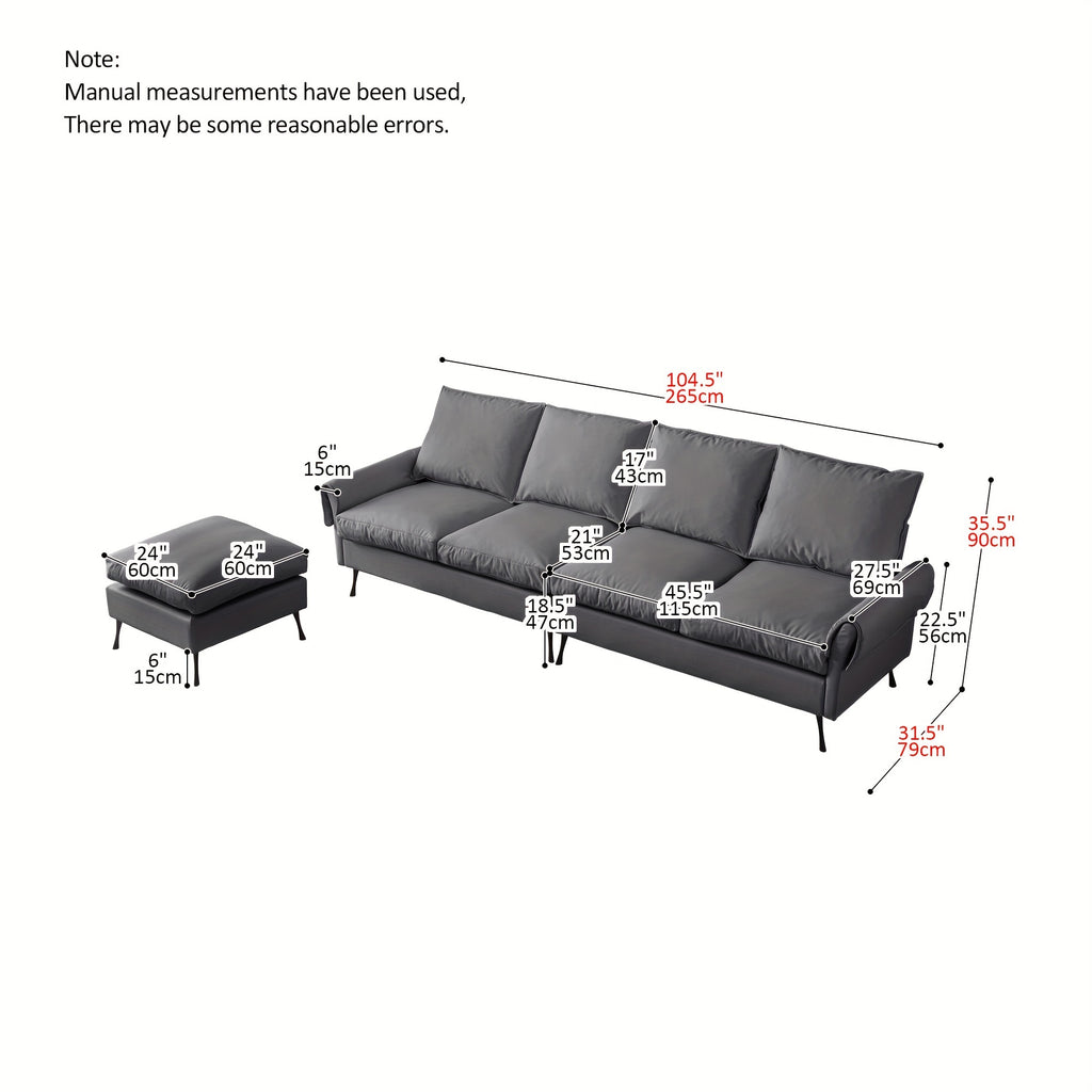 104.5-Inch Modern Faux Leather L-Shaped Sofa with Convertible Footstool Living Room