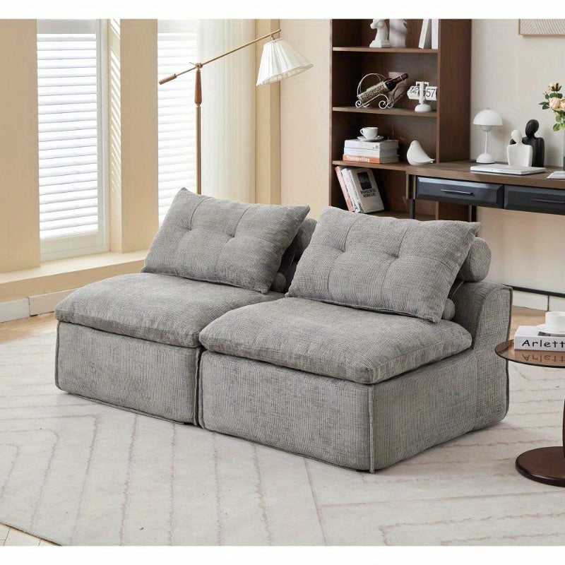 NEW ARRIVED VIDEO PROVIDED Modular Sofa, No Armrests, at Will, Chenille Fabric, Neck Pillow-Back Lounge Sofa Chair, Reading Nook, Or Apartment Living, Lumbar Pillow, 2 Seats, Upholster, Light Gray