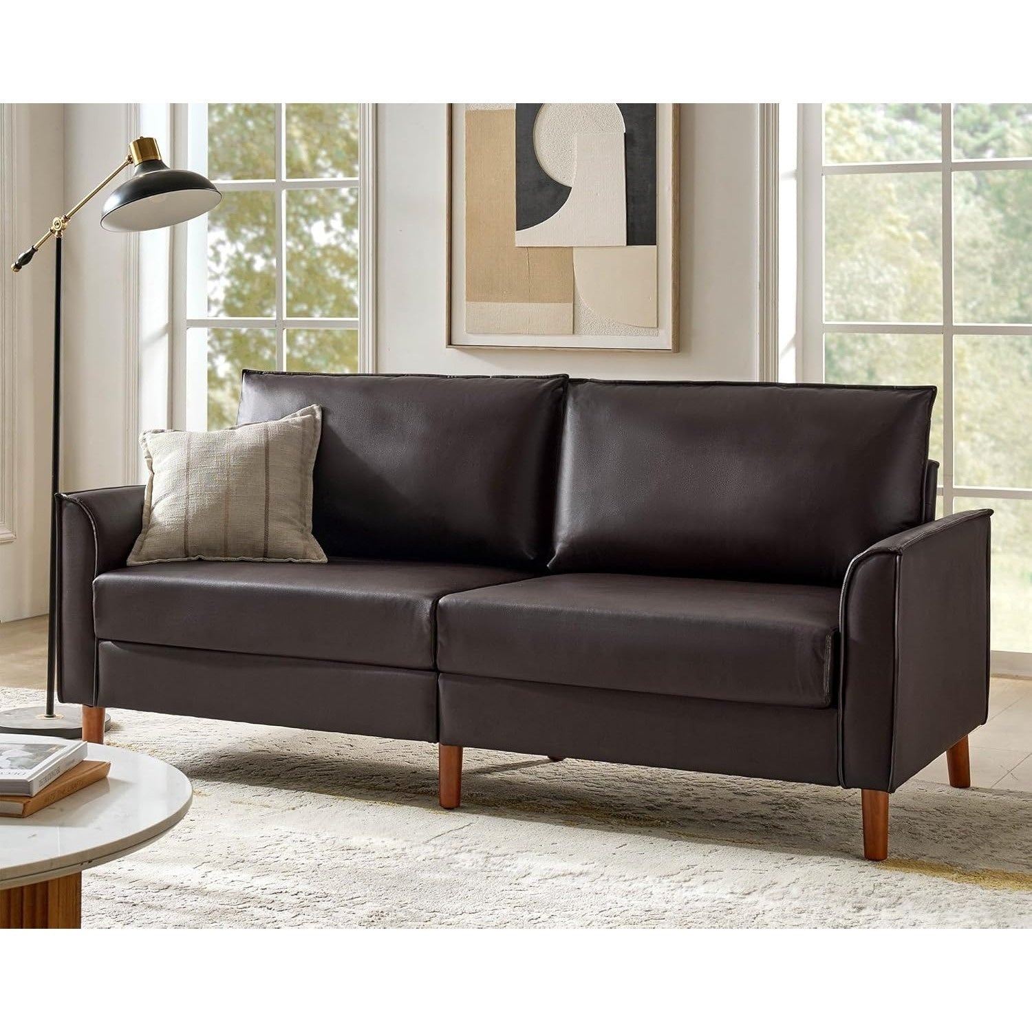 78-Inch Faux Leather Sofa Featuring Solid Wood Legs, a Mid-Century Modern Faux Leather Couch, Comfortable Upholstered Three-Seater Suitable for Living Rooms And Bedrooms, in Camel Color