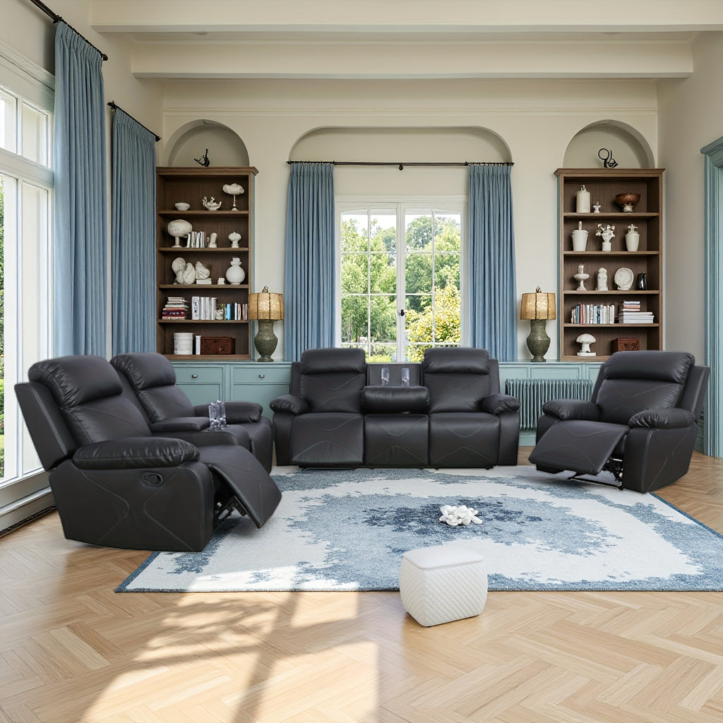 Three-Piece Black Leather Sofa Set for Living Room, House, Bedroom, Or Office