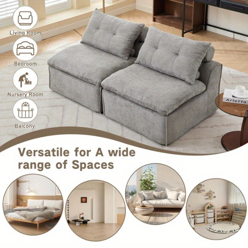 NEW ARRIVED VIDEO PROVIDED Modular Sofa, No Armrests, at Will, Chenille Fabric, Neck Pillow-Back Lounge Sofa Chair, Reading Nook, Or Apartment Living, Lumbar Pillow, 2 Seats, Upholster, Light Gray