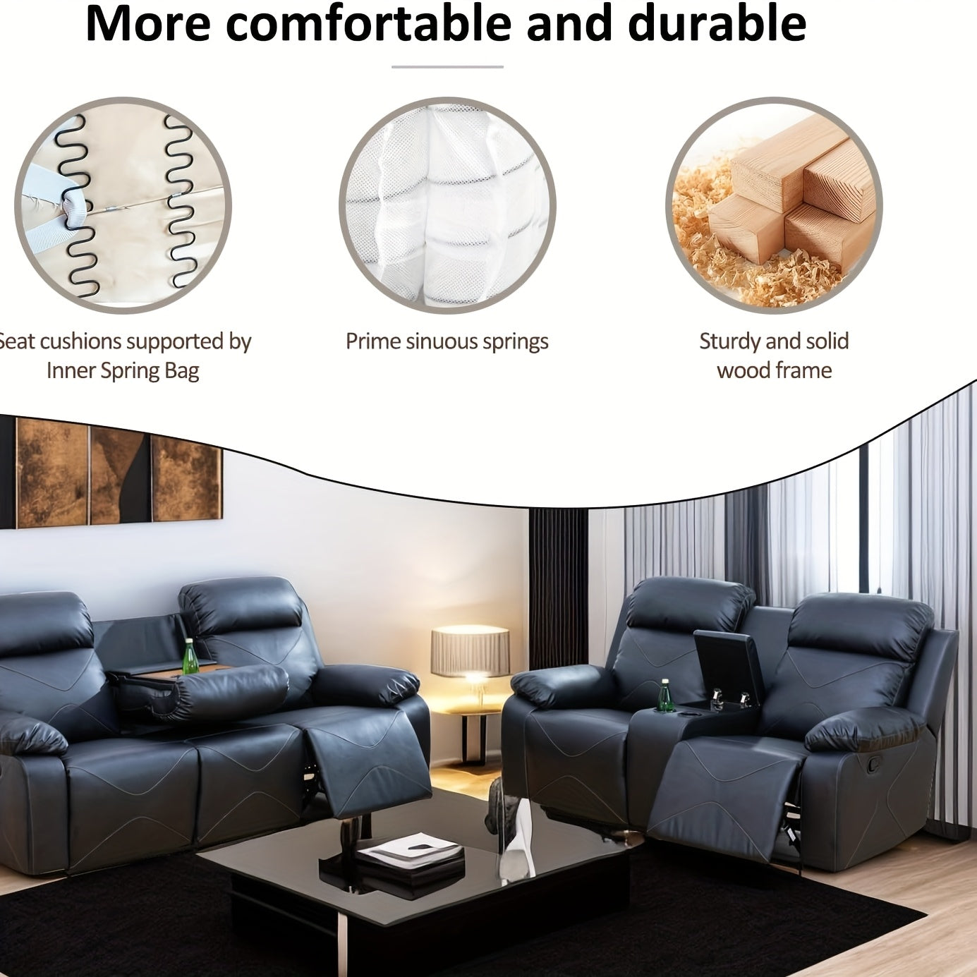 Three-Piece Black Leather Sofa Set for Living Room, House, Bedroom, Or Office