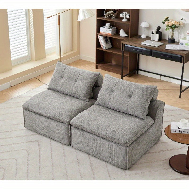 NEW ARRIVED VIDEO PROVIDED Modular Sofa, No Armrests, at Will, Chenille Fabric, Neck Pillow-Back Lounge Sofa Chair, Reading Nook, Or Apartment Living, Lumbar Pillow, 2 Seats, Upholster, Light Gray