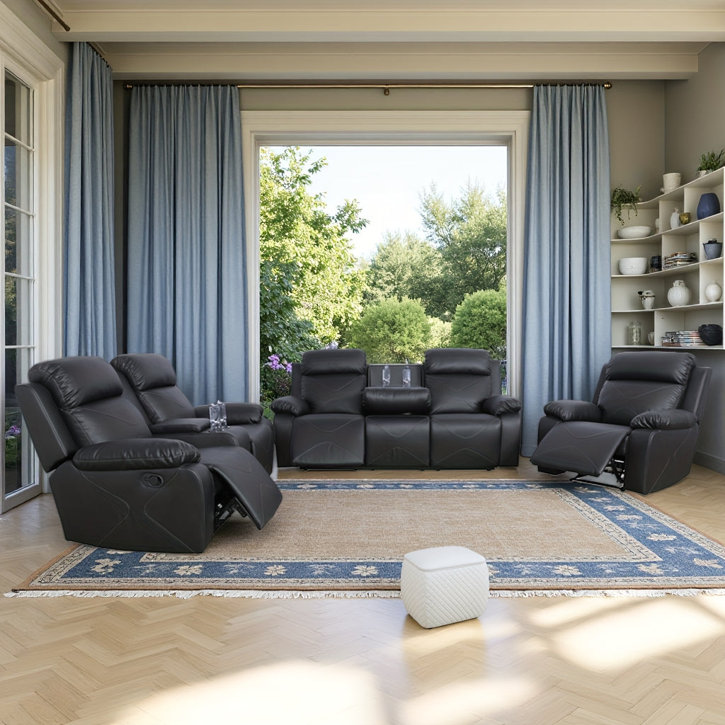 Three-Piece Black Leather Sofa Set for Living Room, House, Bedroom, Or Office