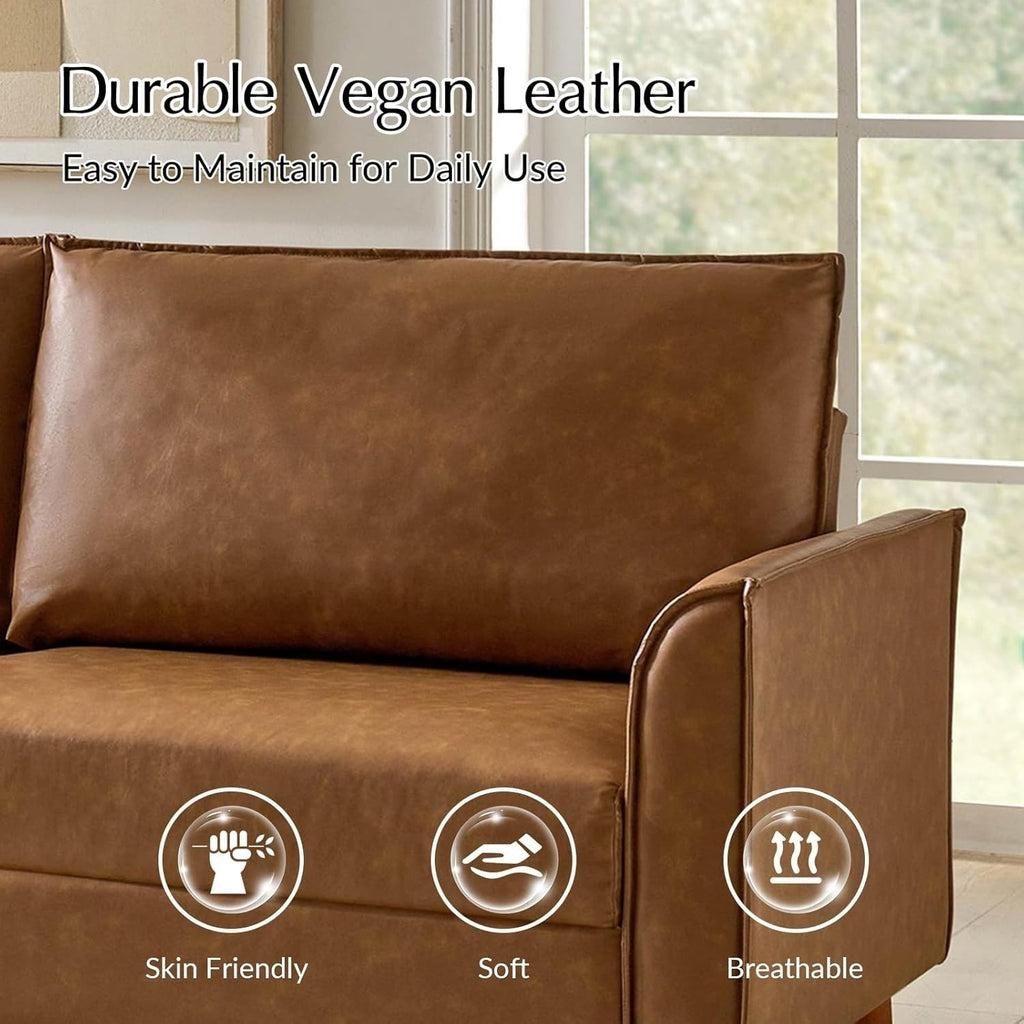 78-Inch Faux Leather Sofa Featuring Solid Wood Legs, a Mid-Century Modern Faux Leather Couch, Comfortable Upholstered Three-Seater Suitable for Living Rooms And Bedrooms, in Camel Color