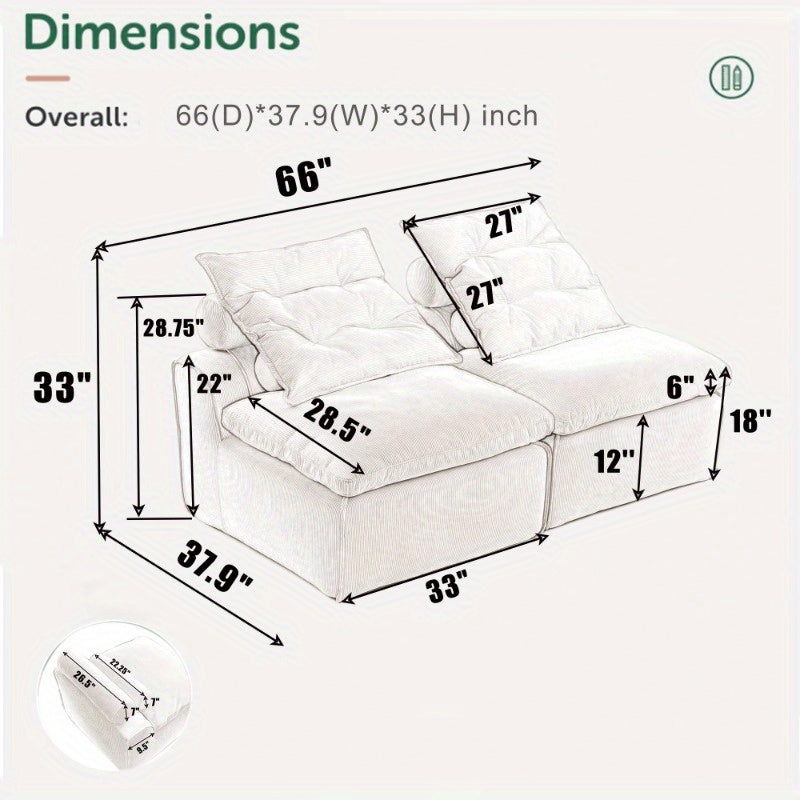 Living Room Beige Modular Sofa with Neck Pillow Soft Fabric DIY Design Durable and Comfortable Lounge Chair for Reading or Apartment Living Includes Lumbar 2 Seater