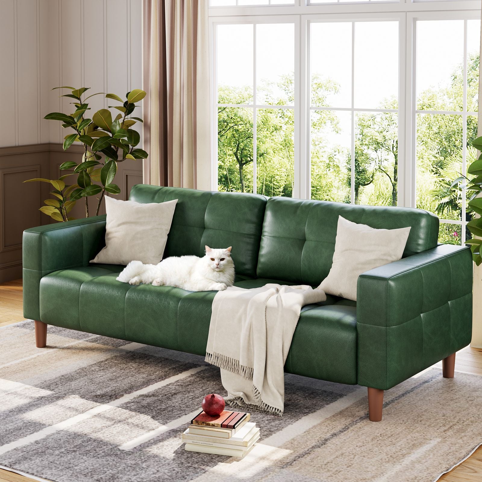 Modern 3-Seater Sofa Couch with Deep Seats & 2 Pillows - Breathable Faux Leather Loveseat Suitable for Living Room, Bedroom, Apartment, Office - Easy Assembly, Space-Saving Design, Durable Metal Frame & Low-Maintenance