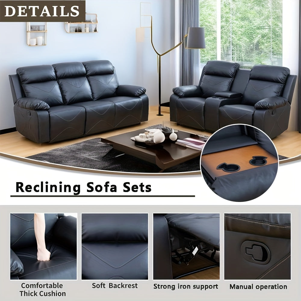 Three-Piece Black Leather Sofa Set for Living Room, House, Bedroom, Or Office
