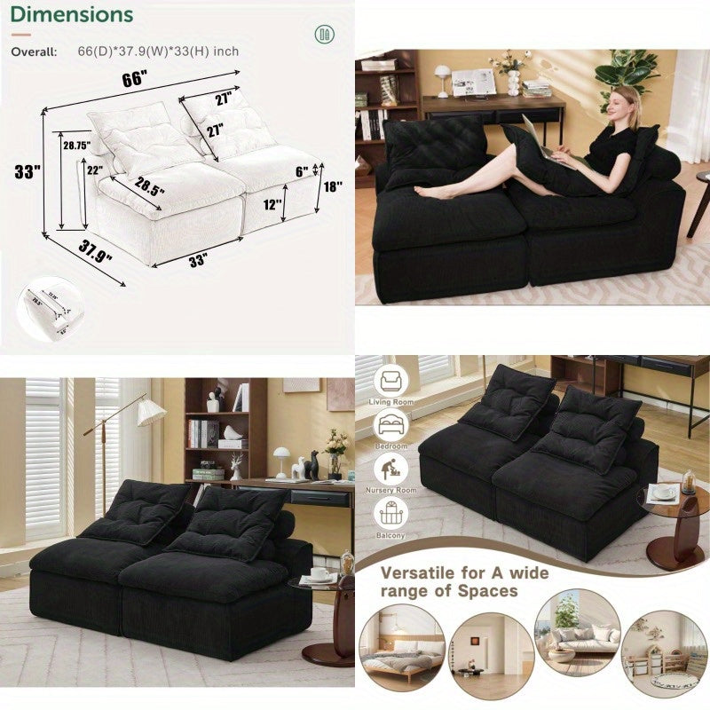 DIY Modular Sofa with Neck Pillow Soft Fabric Black Color Perfect for Living Room or Reading Nook Durable and Comfortable Design Includes Lumbar Suitable for Two Seats