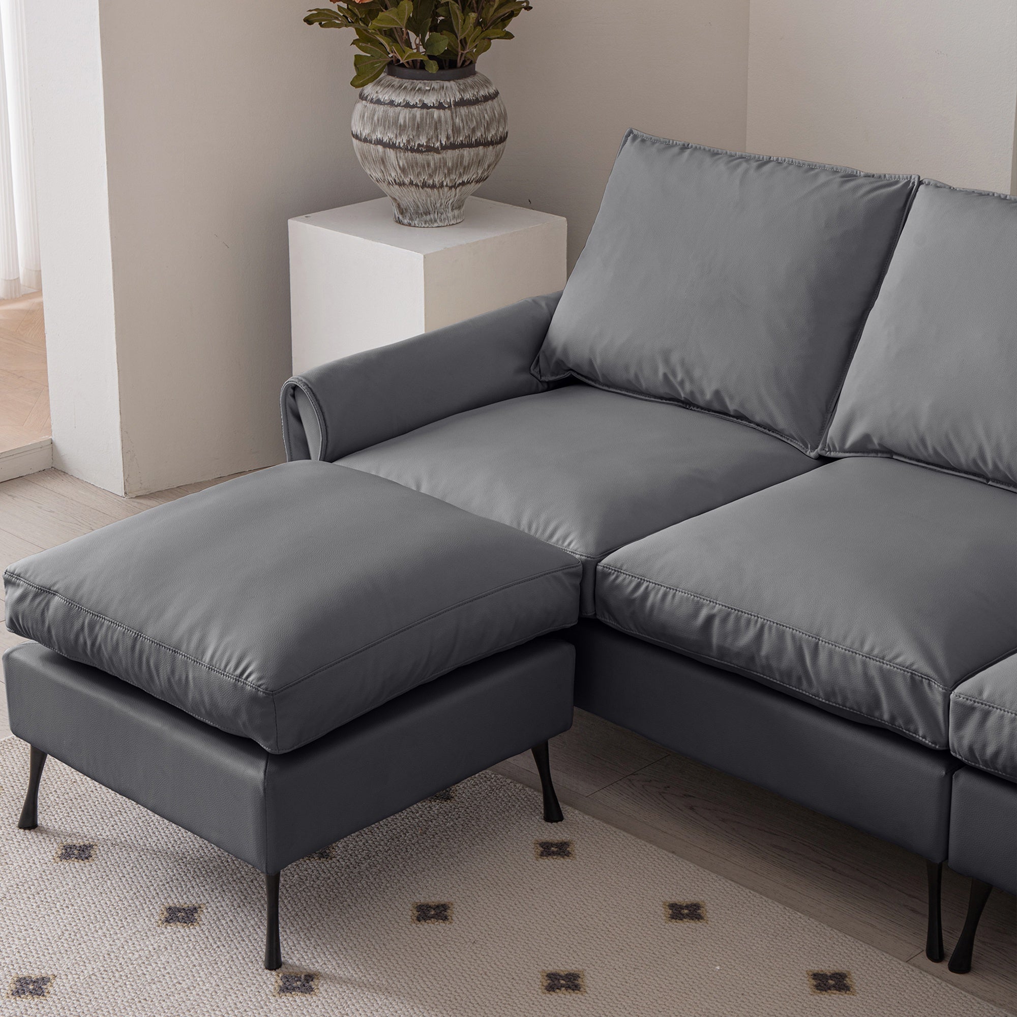 104.5-Inch Modern Faux Leather L-Shaped Sofa with Convertible Footstool Living Room
