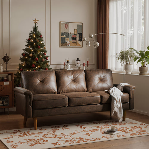 72.65-Inch Vintage Sofa -Three-Seater Sofa in Premium Soft Laux Faux Leather Suede Fabric for Cozy Seating, Ideal Addition to Any Living Room, Bedroom, Or Professional Office Environment, Easy Assembly, 2 Color Options