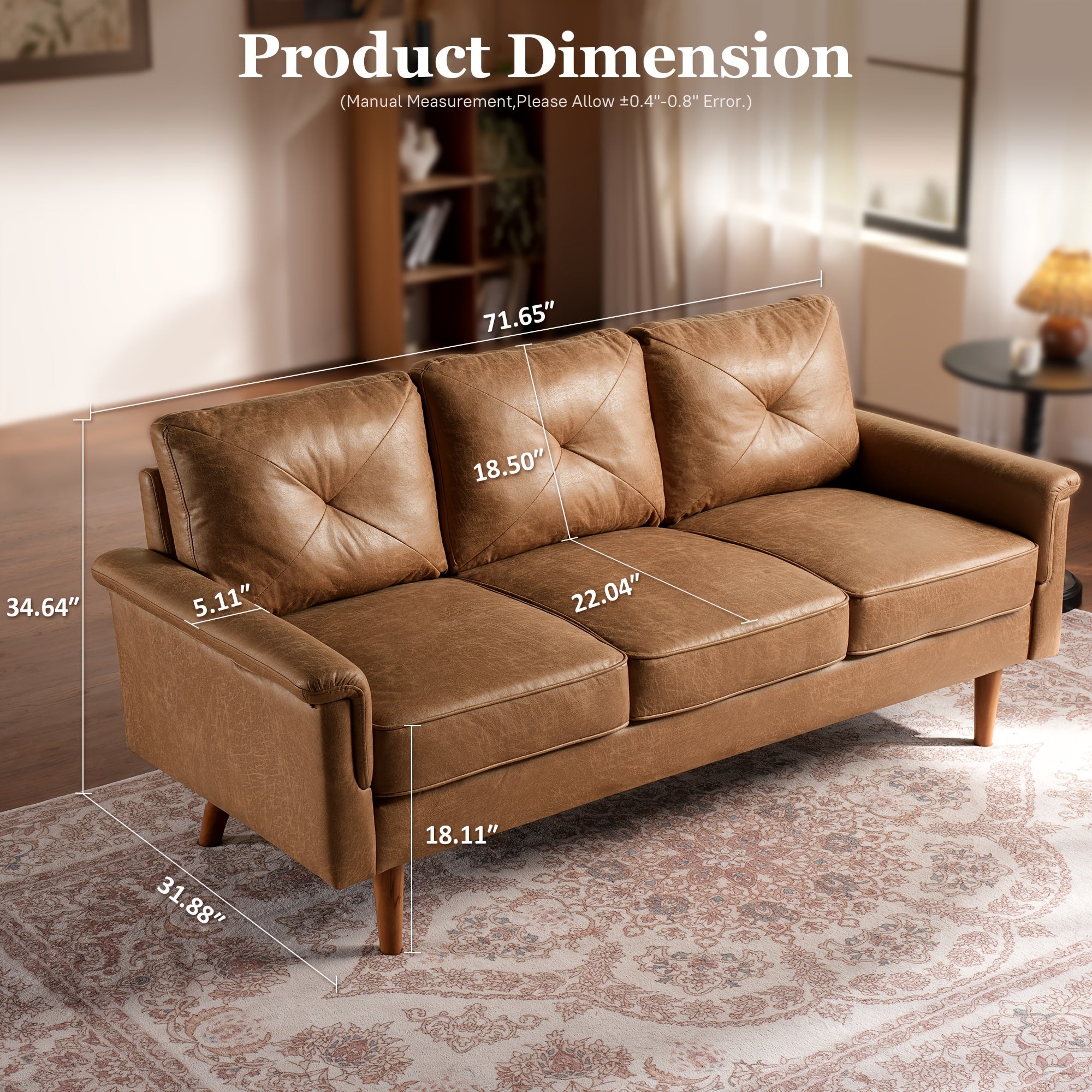 72.65-Inch Vintage Sofa -Three-Seater Sofa in Premium Soft Laux Faux Leather Suede Fabric for Cozy Seating, Ideal Addition to Any Living Room, Bedroom, Or Professional Office Environment, Easy Assembly, 2 Color Options