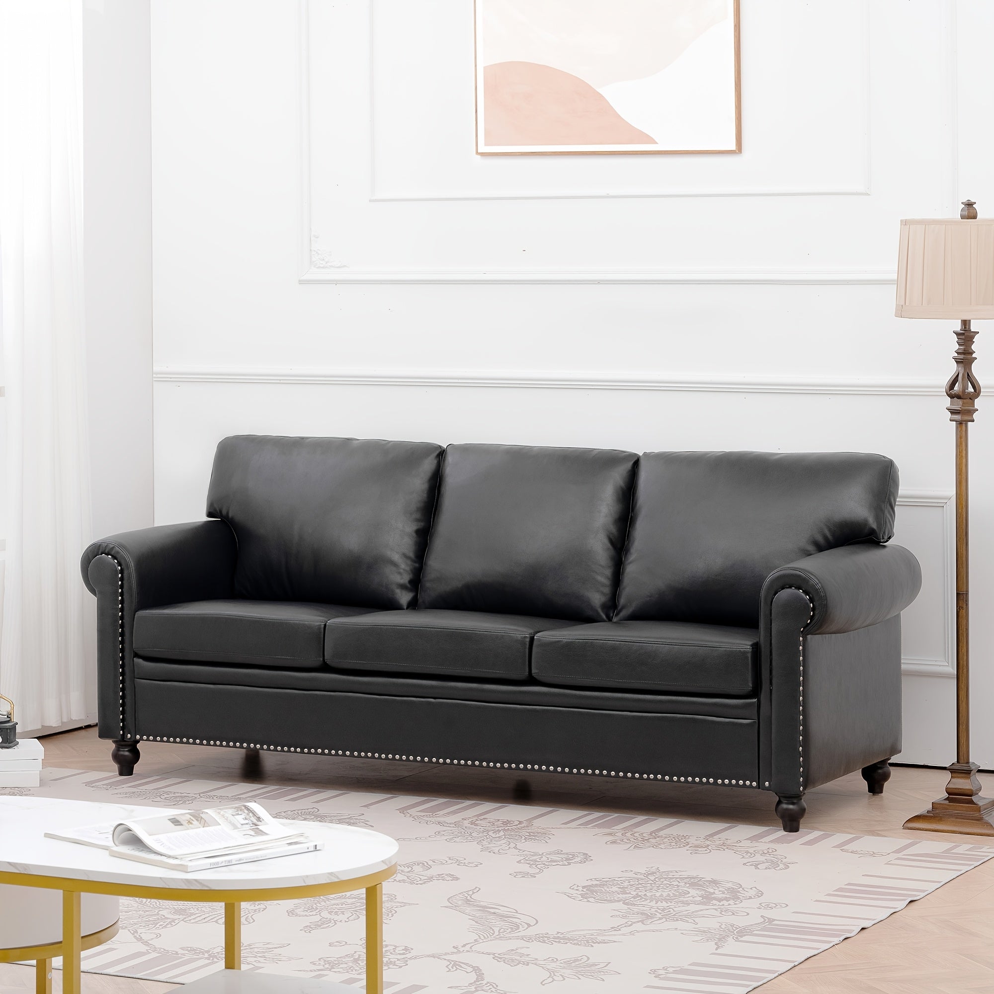 Contemporary 3-Seater Sofa with Faux Leather Upholstery, Featuring Classic Rivet Accents, Rolled Armrests, High-Density Foam Cushioning, And Sturdy Wooden Legs, Ideal for Living Rooms, Bedrooms, Apartments, Offices, And Various Other Settings