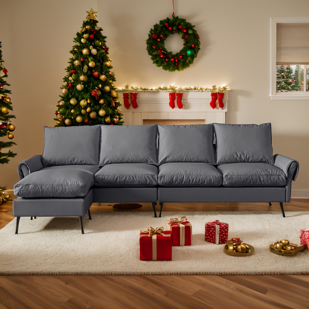 104.5-Inch Modern Faux Leather L-Shaped Sofa with Convertible Footstool Living Room