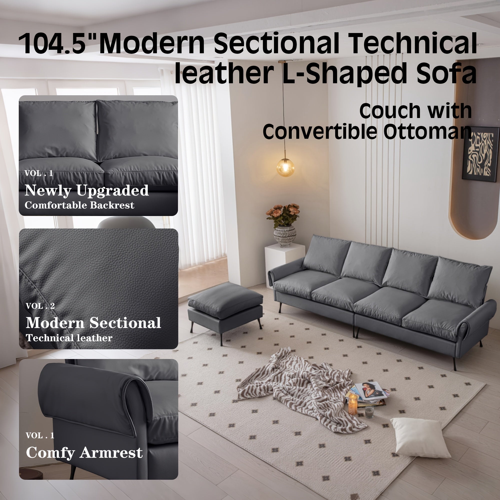 104.5-Inch Modern Faux Leather L-Shaped Sofa with Convertible Footstool Living Room