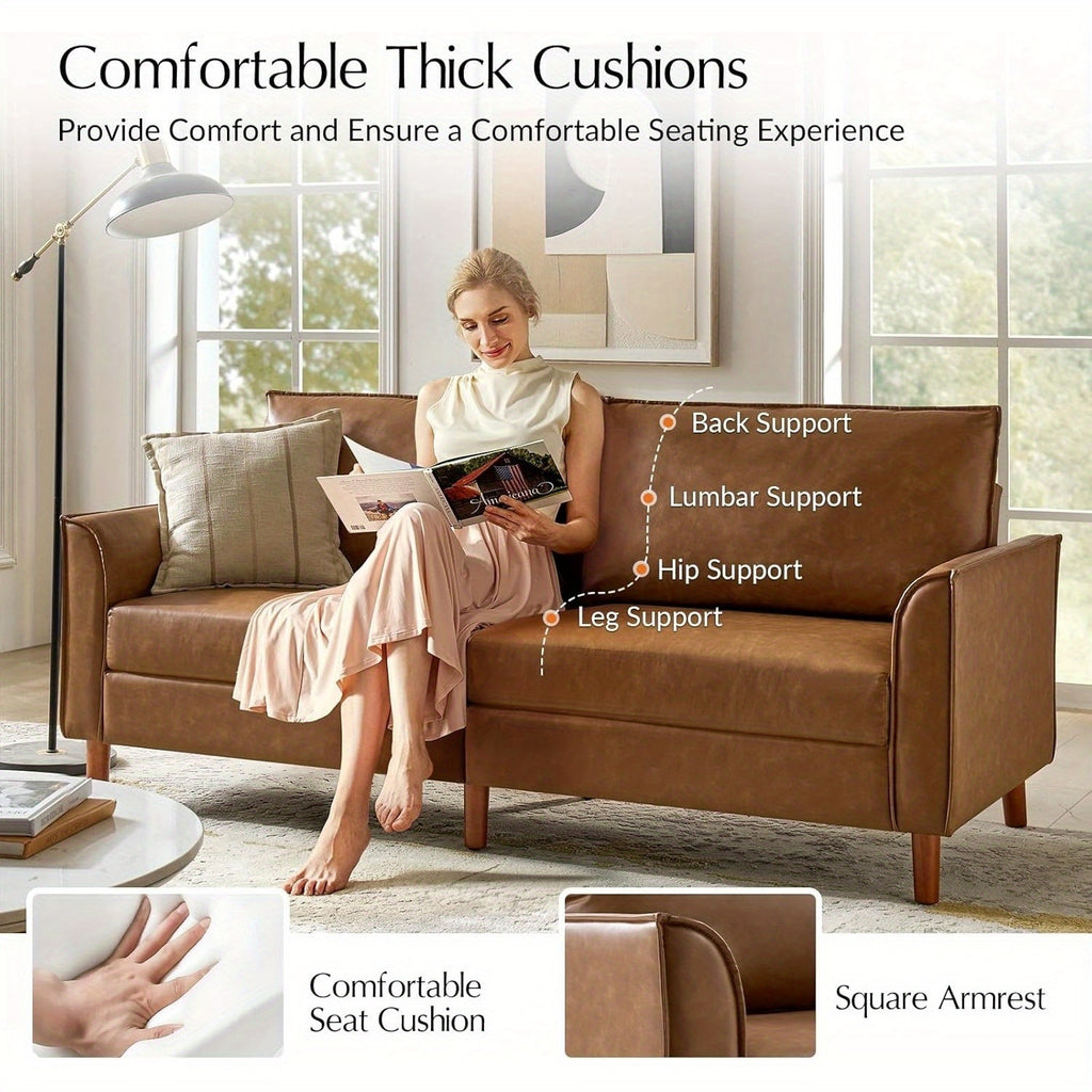 78-Inch Faux Leather Sofa Featuring Solid Wood Legs, a Mid-Century Modern Faux Leather Couch, Comfortable Upholstered Three-Seater Suitable for Living Rooms And Bedrooms, in Camel Color