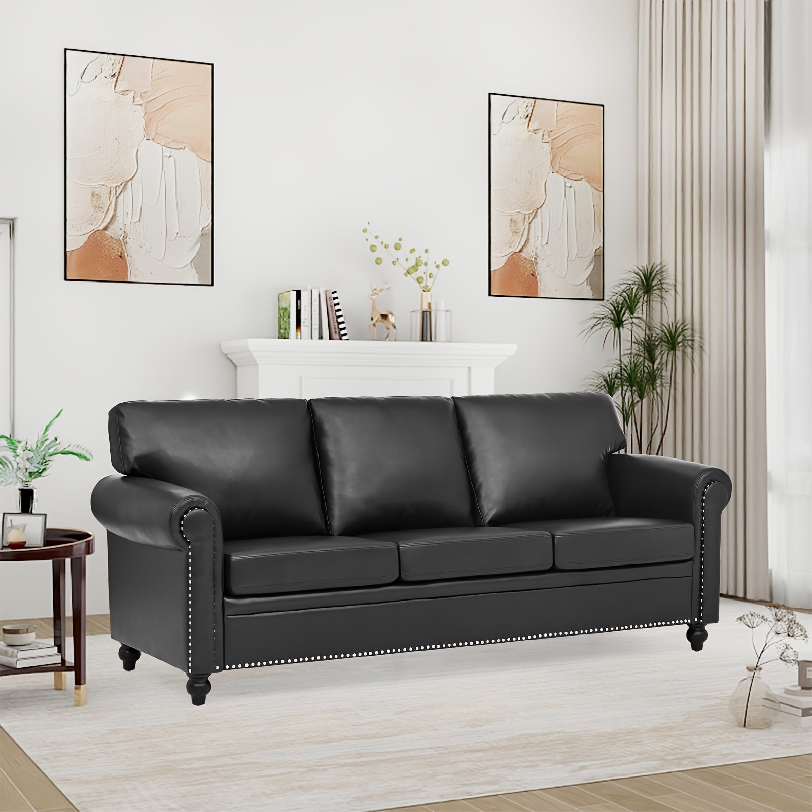 Contemporary 3-Seater Sofa with Faux Leather Upholstery, Featuring Classic Rivet Accents, Rolled Armrests, High-Density Foam Cushioning, And Sturdy Wooden Legs, Ideal for Living Rooms, Bedrooms, Apartments, Offices, And Various Other Settings