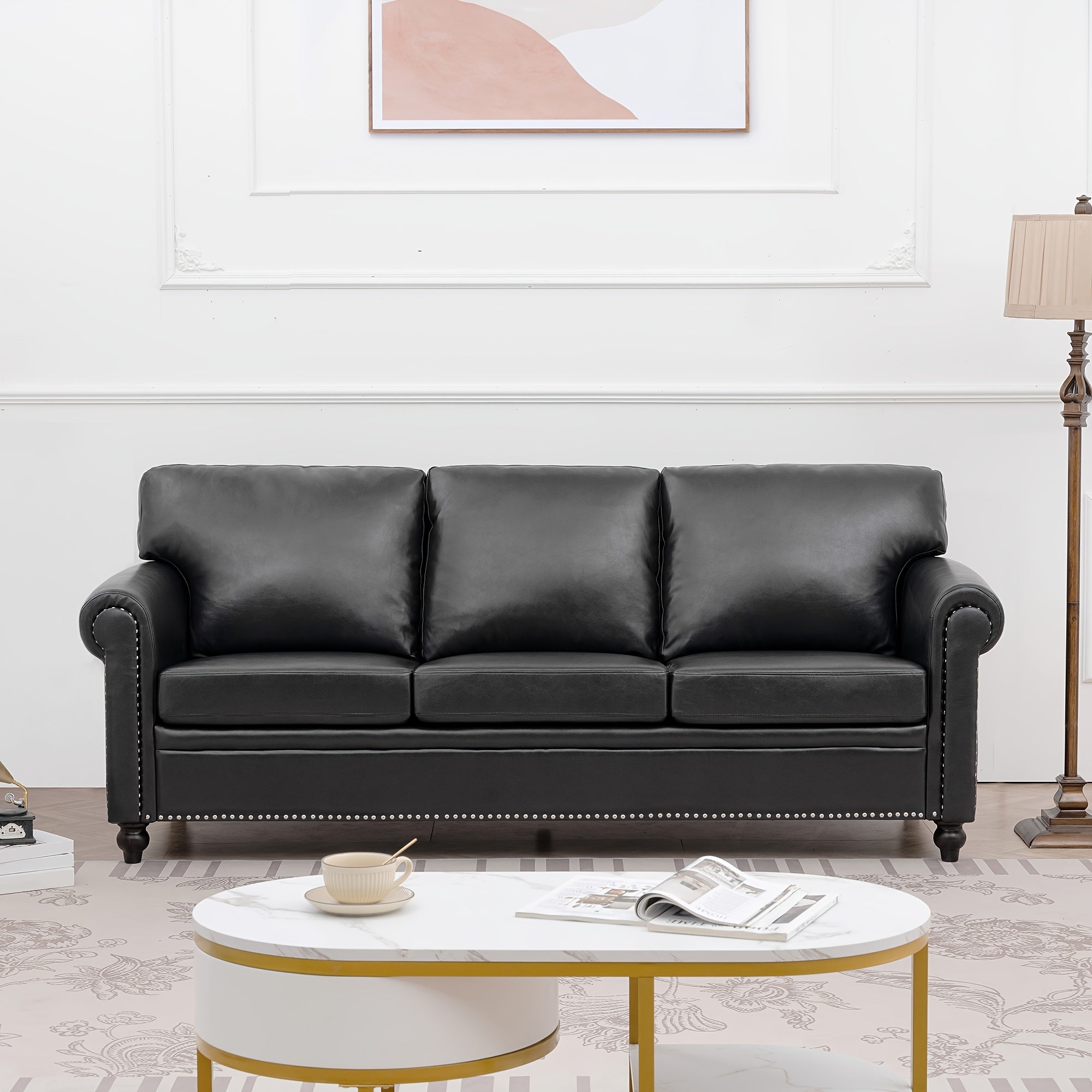 Contemporary 3-Seater Sofa with Faux Leather Upholstery, Featuring Classic Rivet Accents, Rolled Armrests, High-Density Foam Cushioning, And Sturdy Wooden Legs, Ideal for Living Rooms, Bedrooms, Apartments, Offices, And Various Other Settings