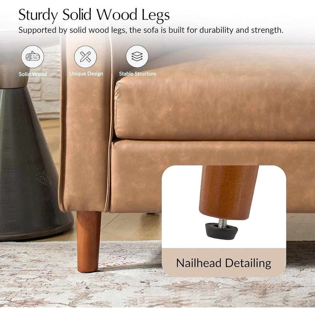78-Inch Faux Leather Sofa Featuring Solid Wood Legs, a Mid-Century Modern Faux Leather Couch, Comfortable Upholstered Three-Seater Suitable for Living Rooms And Bedrooms, in Camel Color