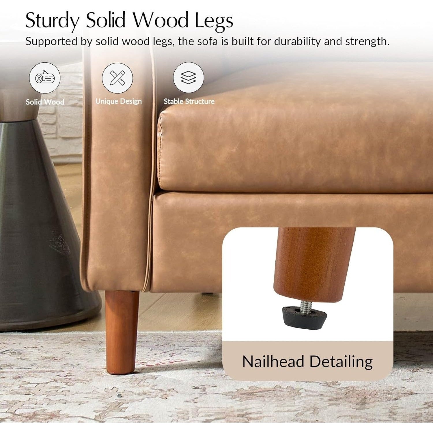 78-Inch Faux Leather Sofa Featuring Solid Wood Legs, a Mid-Century Modern Faux Leather Couch, Comfortable Upholstered Three-Seater Suitable for Living Rooms And Bedrooms, in Camel Color