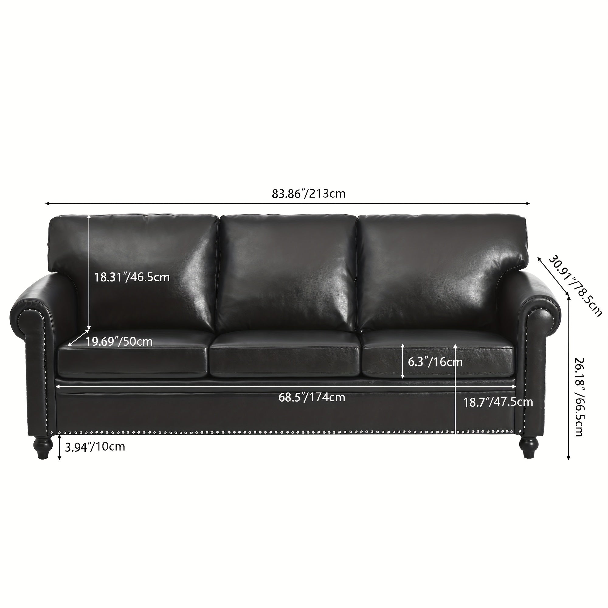 Contemporary 3-Seater Sofa with Faux Leather Upholstery, Featuring Classic Rivet Accents, Rolled Armrests, High-Density Foam Cushioning, And Sturdy Wooden Legs, Ideal for Living Rooms, Bedrooms, Apartments, Offices, And Various Other Settings