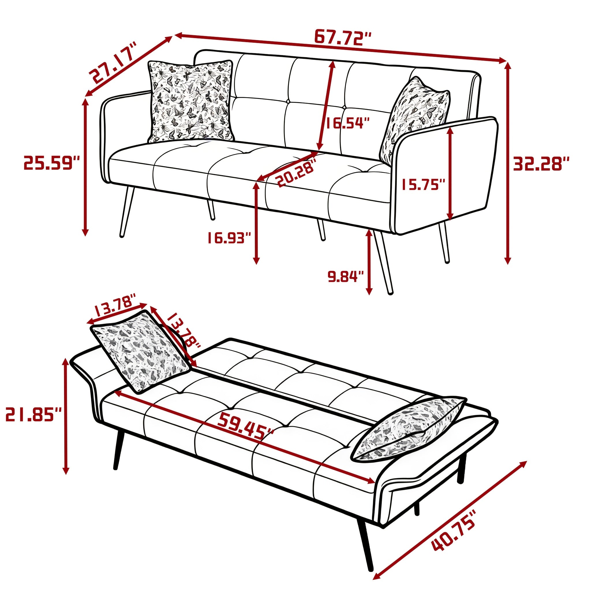 67.72-Inch Sofa Bed, Convertible Sleeping Bed, Solid Wood And Engineered Wood Frame, Teddy Velvet Fabric, 5-Position Adjustable Backrest And Armrests, Plush High-Density Foam, Suitable for Living Room, Office, Or Guest Room (Includes Size Details)