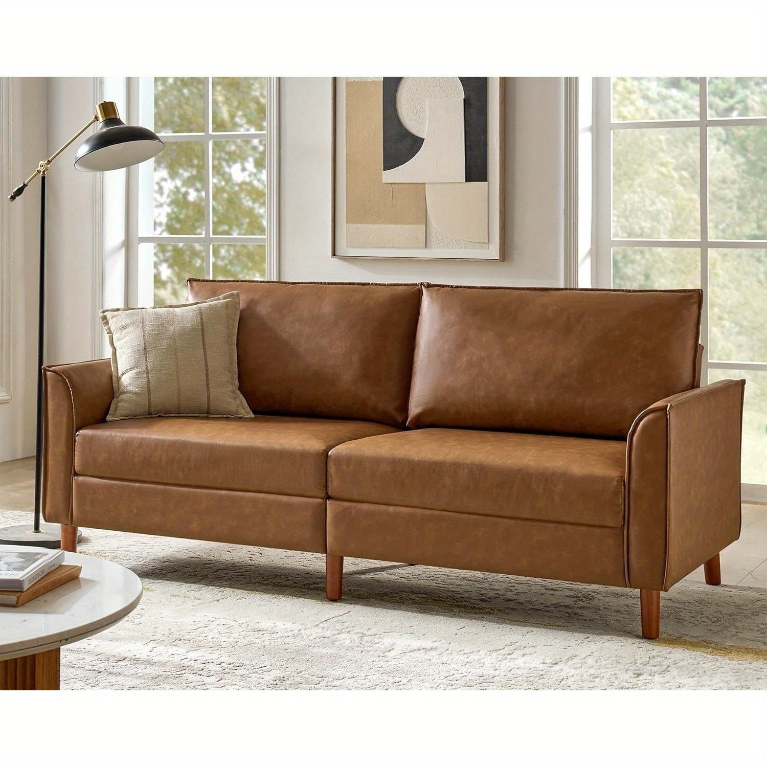 78-Inch Faux Leather Sofa Featuring Solid Wood Legs, a Mid-Century Modern Faux Leather Couch, Comfortable Upholstered Three-Seater Suitable for Living Rooms And Bedrooms, in Camel Color