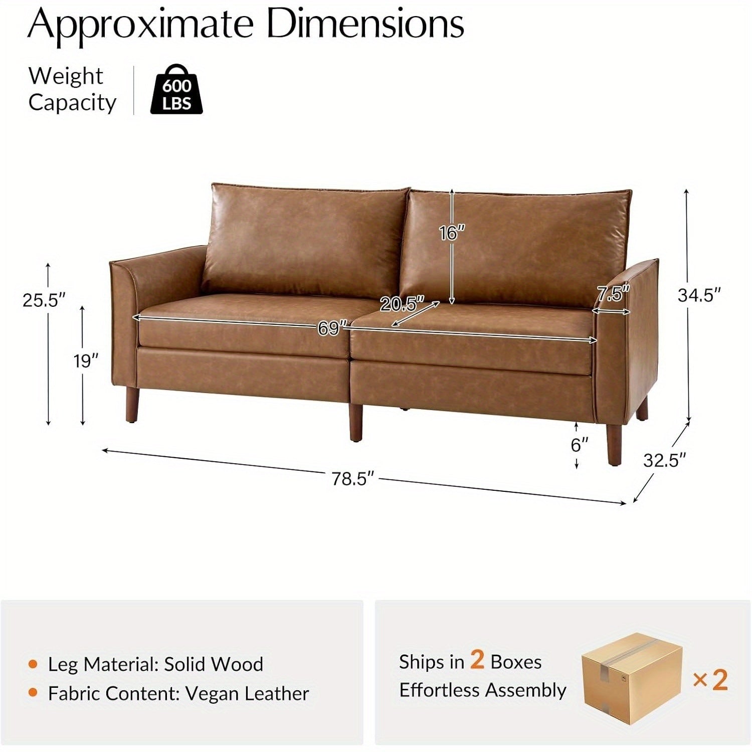 78-Inch Faux Leather Sofa Featuring Solid Wood Legs, a Mid-Century Modern Faux Leather Couch, Comfortable Upholstered Three-Seater Suitable for Living Rooms And Bedrooms, in Camel Color
