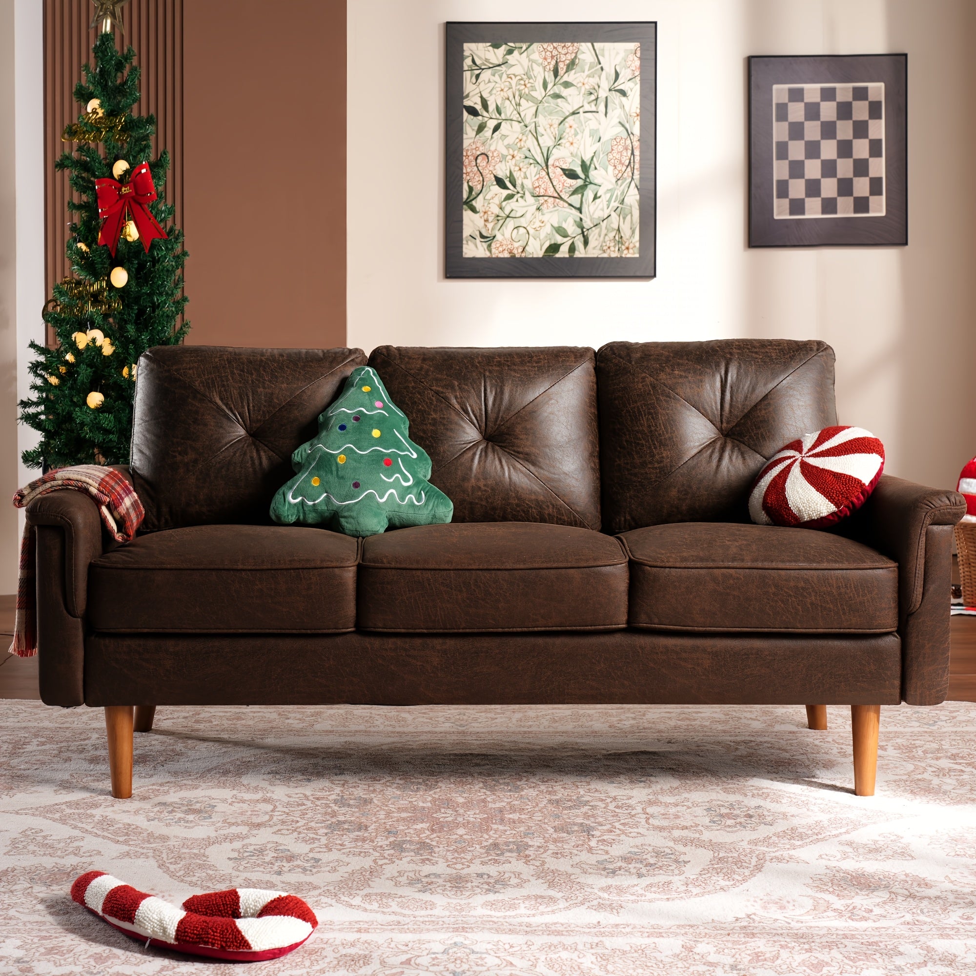 72.65-Inch Vintage Sofa -Three-Seater Sofa in Premium Soft Laux Faux Leather Suede Fabric for Cozy Seating, Ideal Addition to Any Living Room, Bedroom, Or Professional Office Environment, Easy Assembly, 2 Color Options