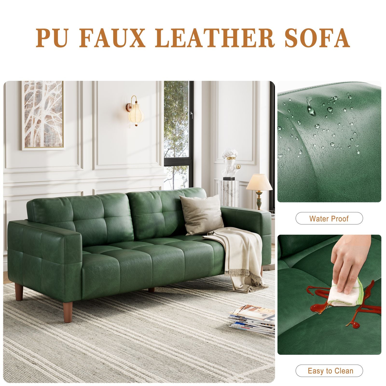 Modern 3-Seater Sofa Couch with Deep Seats & 2 Pillows - Breathable Faux Leather Loveseat Suitable for Living Room, Bedroom, Apartment, Office - Easy Assembly, Space-Saving Design, Durable Metal Frame & Low-Maintenance