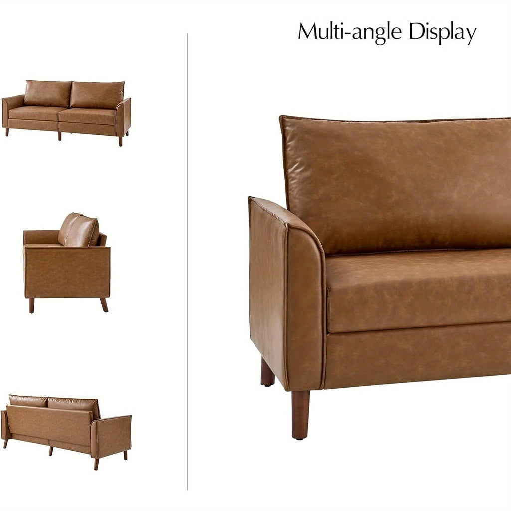 78-Inch Faux Leather Sofa Featuring Solid Wood Legs, a Mid-Century Modern Faux Leather Couch, Comfortable Upholstered Three-Seater Suitable for Living Rooms And Bedrooms, in Camel Color