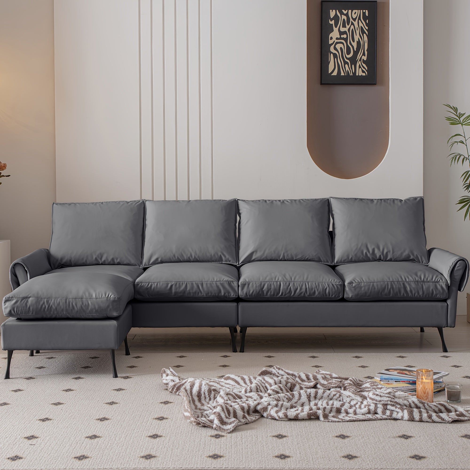 104.5-Inch Modern Faux Leather L-Shaped Sofa with Convertible Footstool Living Room
