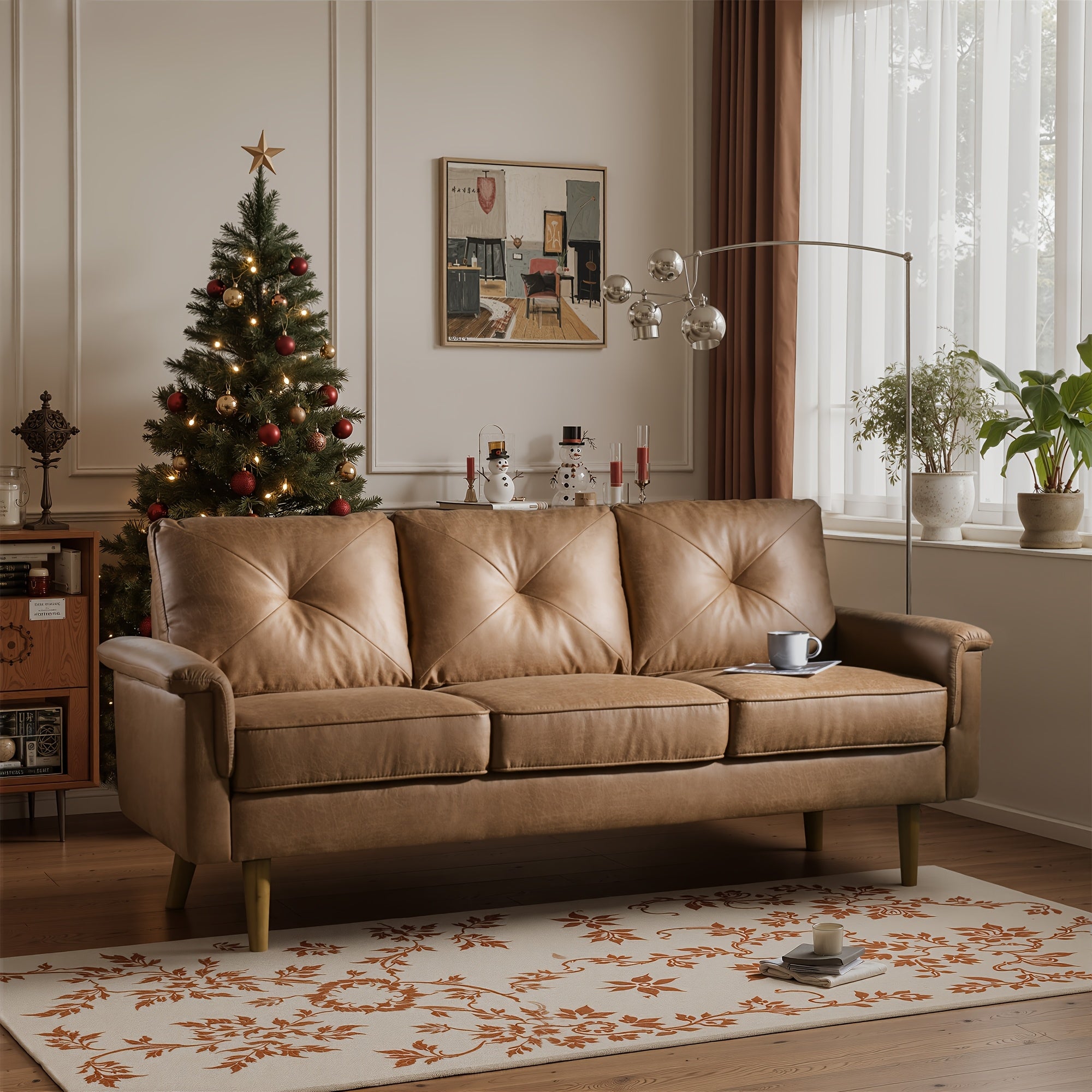 72.65-Inch Vintage Sofa -Three-Seater Sofa in Premium Soft Laux Faux Leather Suede Fabric for Cozy Seating, Ideal Addition to Any Living Room, Bedroom, Or Professional Office Environment, Easy Assembly, 2 Color Options