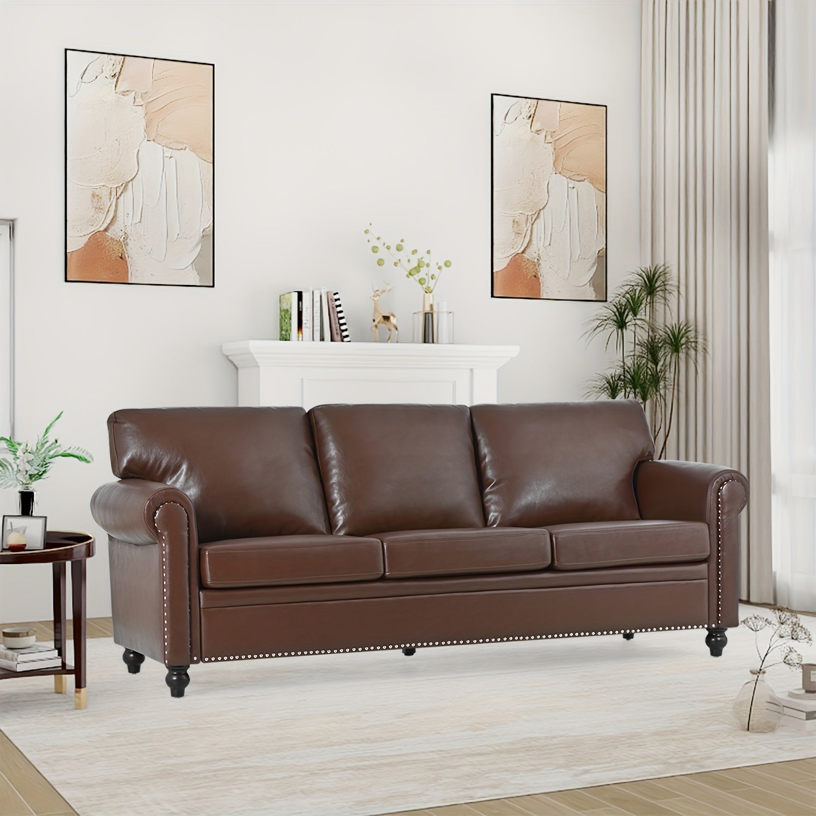 Contemporary 3-Seater Sofa with Faux Leather Upholstery, Featuring Classic Rivet Accents, Rolled Armrests, High-Density Foam Cushioning, And Sturdy Wooden Legs, Ideal for Living Rooms, Bedrooms, Apartments, Offices, And Various Other Settings