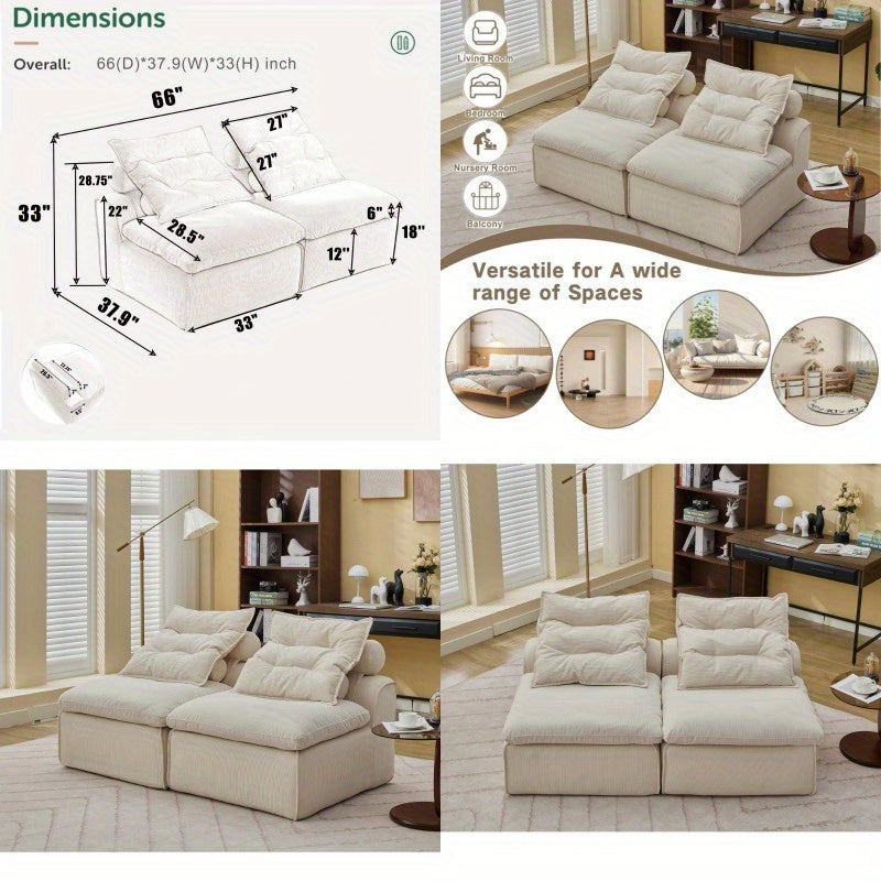 Living Room Beige Modular Sofa with Neck Pillow Soft Fabric DIY Design Durable and Comfortable Lounge Chair for Reading or Apartment Living Includes Lumbar 2 Seater