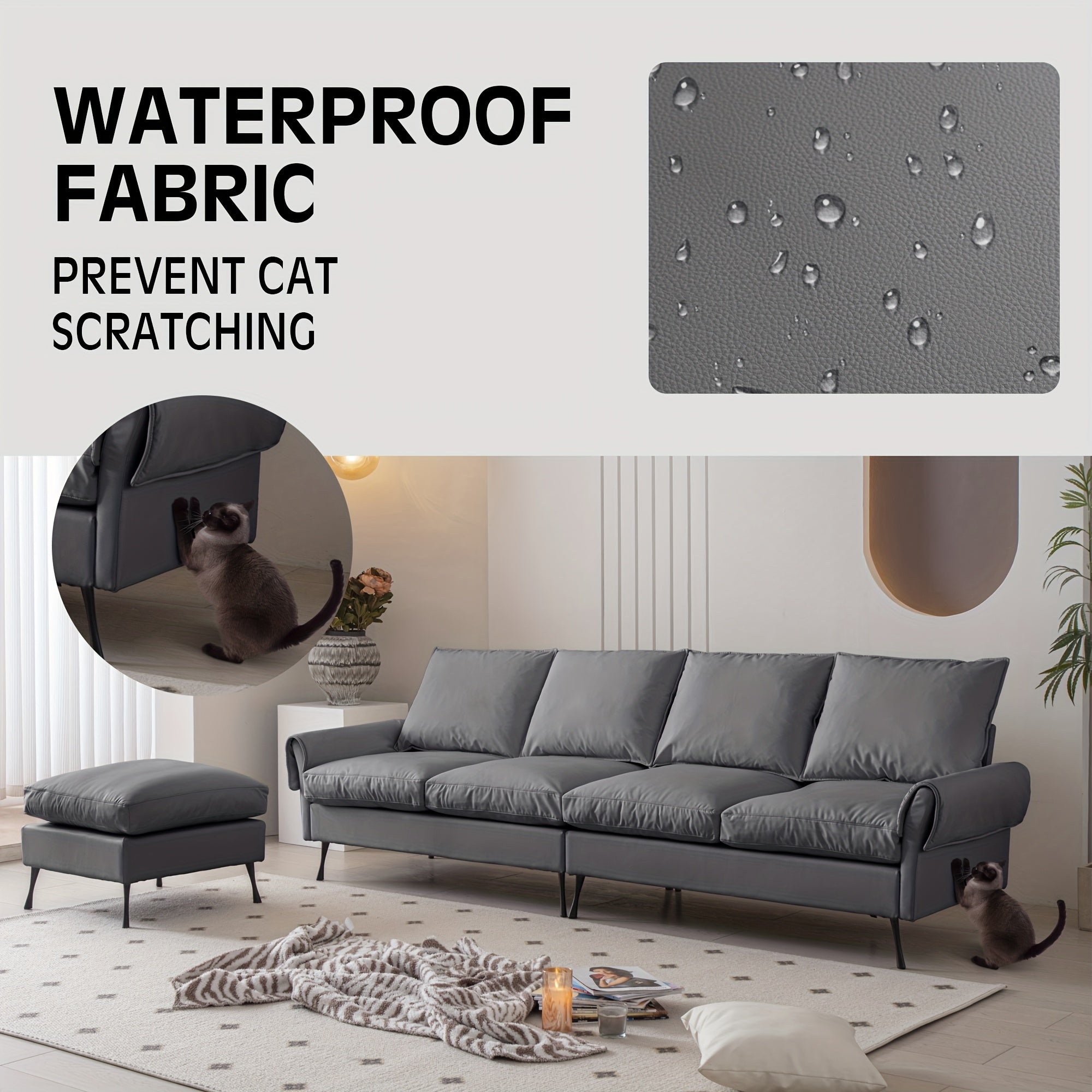 104.5-Inch Modern Faux Leather L-Shaped Sofa with Convertible Footstool Living Room