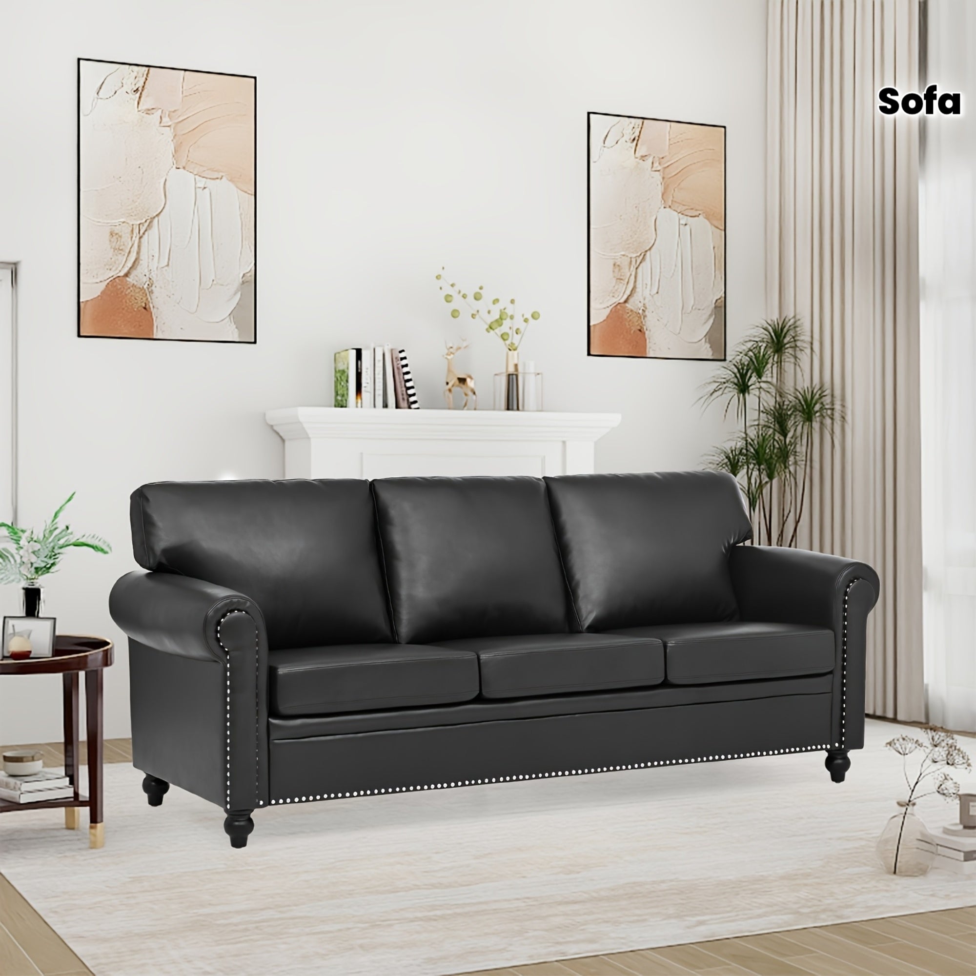 Contemporary 3-Seater Sofa with Faux Leather Upholstery, Featuring Classic Rivet Accents, Rolled Armrests, High-Density Foam Cushioning, And Sturdy Wooden Legs, Ideal for Living Rooms, Bedrooms, Apartments, Offices, And Various Other Settings