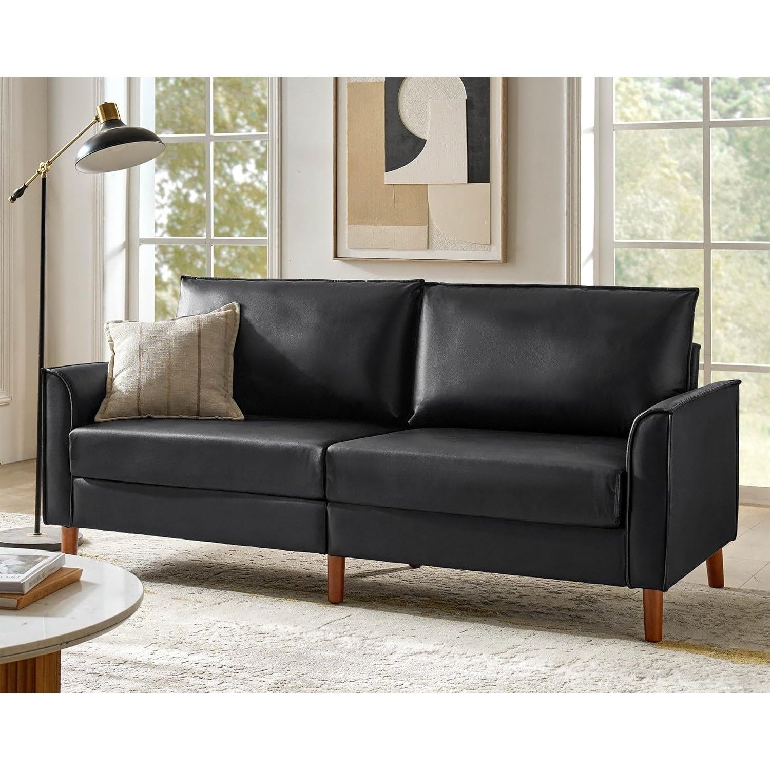 78-Inch Faux Leather Sofa Featuring Solid Wood Legs, a Mid-Century Modern Faux Leather Couch, Comfortable Upholstered Three-Seater Suitable for Living Rooms And Bedrooms, in Camel Color
