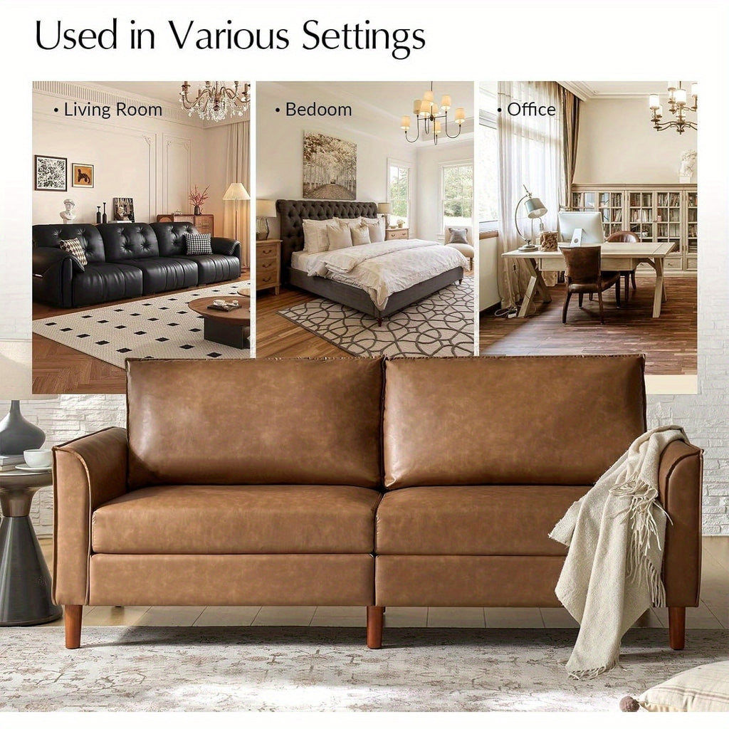 78-Inch Faux Leather Sofa Featuring Solid Wood Legs, a Mid-Century Modern Faux Leather Couch, Comfortable Upholstered Three-Seater Suitable for Living Rooms And Bedrooms, in Camel Color