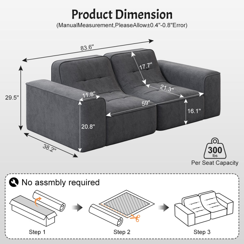83.6” Modular Sectional 3-Seater Sofa with Sparkling Chenille Upholstery - Tufted Backrest Couch, Deep Seat No Assembly Required, Configurable Modern Furniture for Living Room, Apartment, Office - Luxury Sofa in Neutral Tones