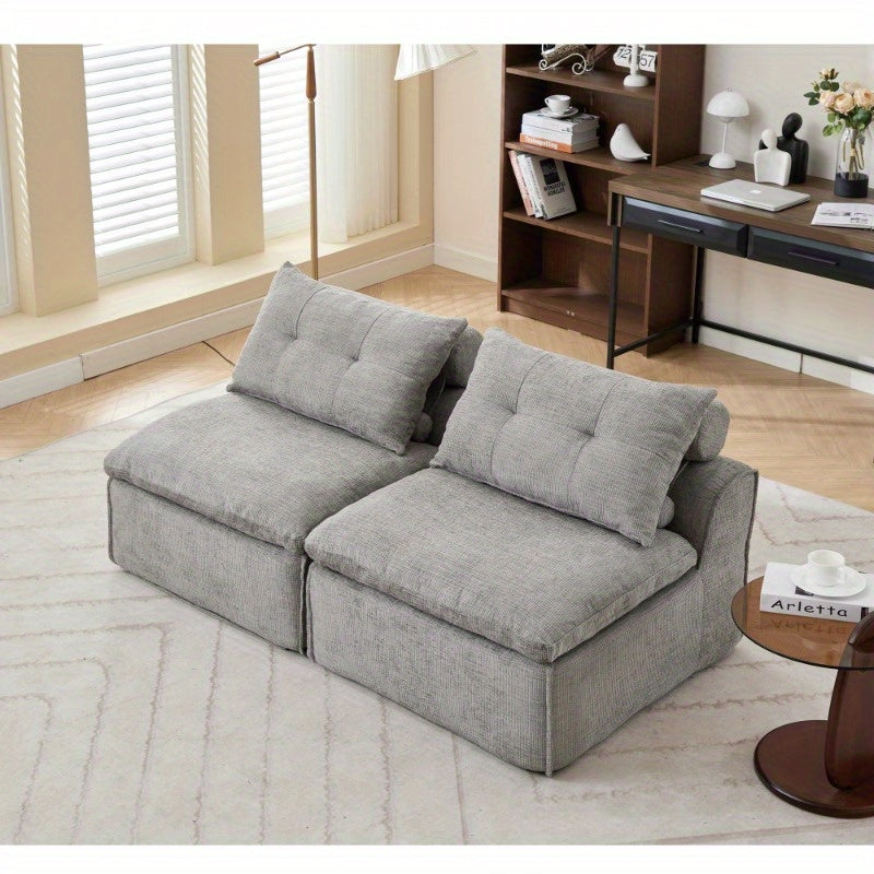 NEW ARRIVED VIDEO PROVIDED Modular Sofa, No Armrests, at Will, Chenille Fabric, Neck Pillow-Back Lounge Sofa Chair, Reading Nook, Or Apartment Living, Lumbar Pillow, 2 Seats, Upholster, Light Gray